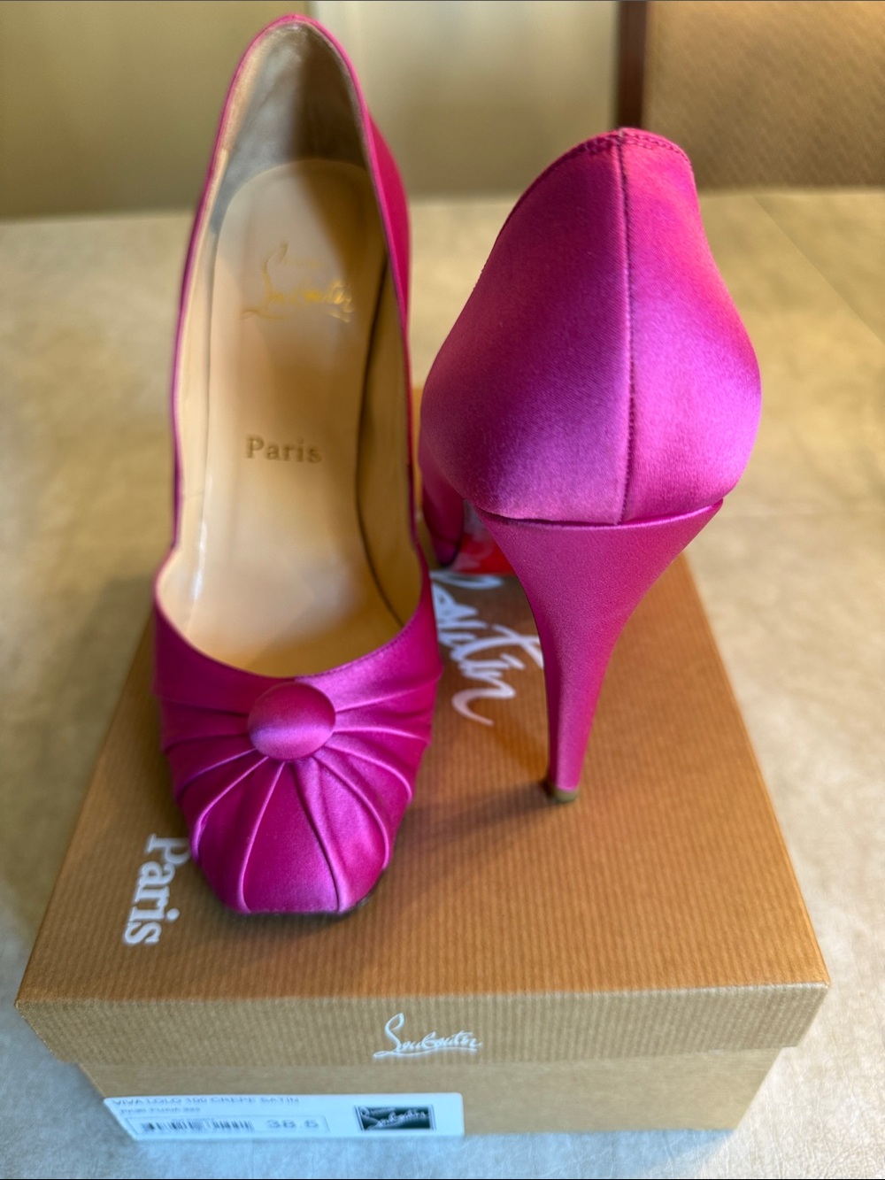 Christian Louboutin Fuchsia Satin Ruched Peep-Toe Pumps - Picture 6 of 8